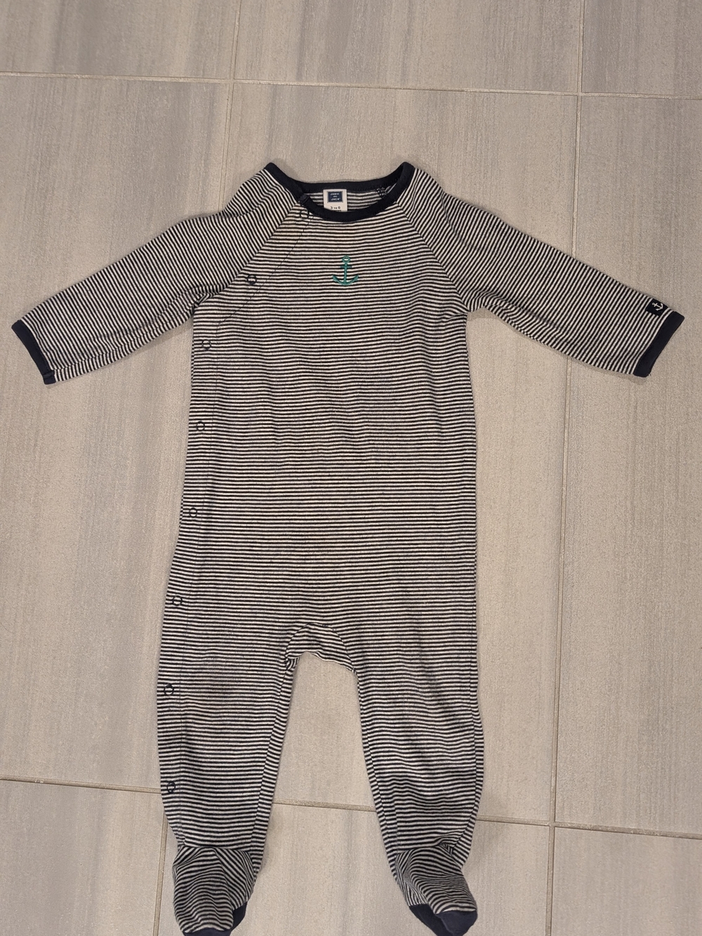 Janie And Jack Navy & White Striped Footed One-Piece with Teal Anchor 3-6m